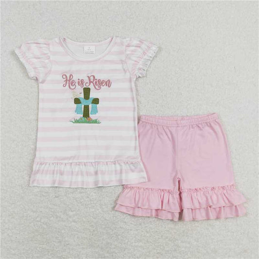 1.5 RTS NO MOQ （In stock）Matching Easter GSSO0382 Baby Girls Easter He Is Risen Shirt Tee Pink Shorts Clothes Sets