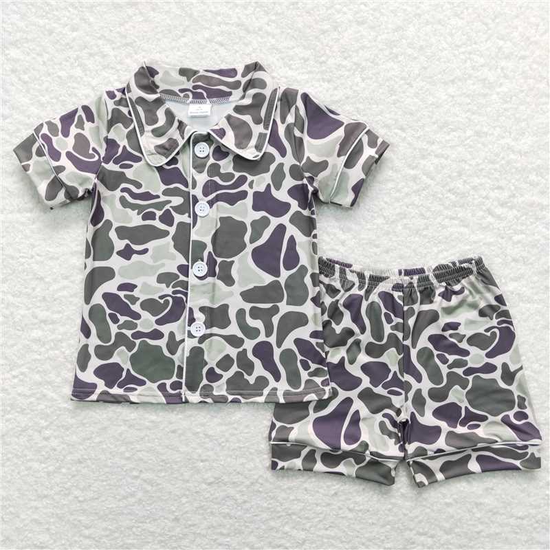 BSSO0332RTS NO MOQ Baby Boys Summer Pajamas Outfits   Baby Boys Light Green Camo Buttons Shirt Shorts Summer Pajamas Clothes Sets