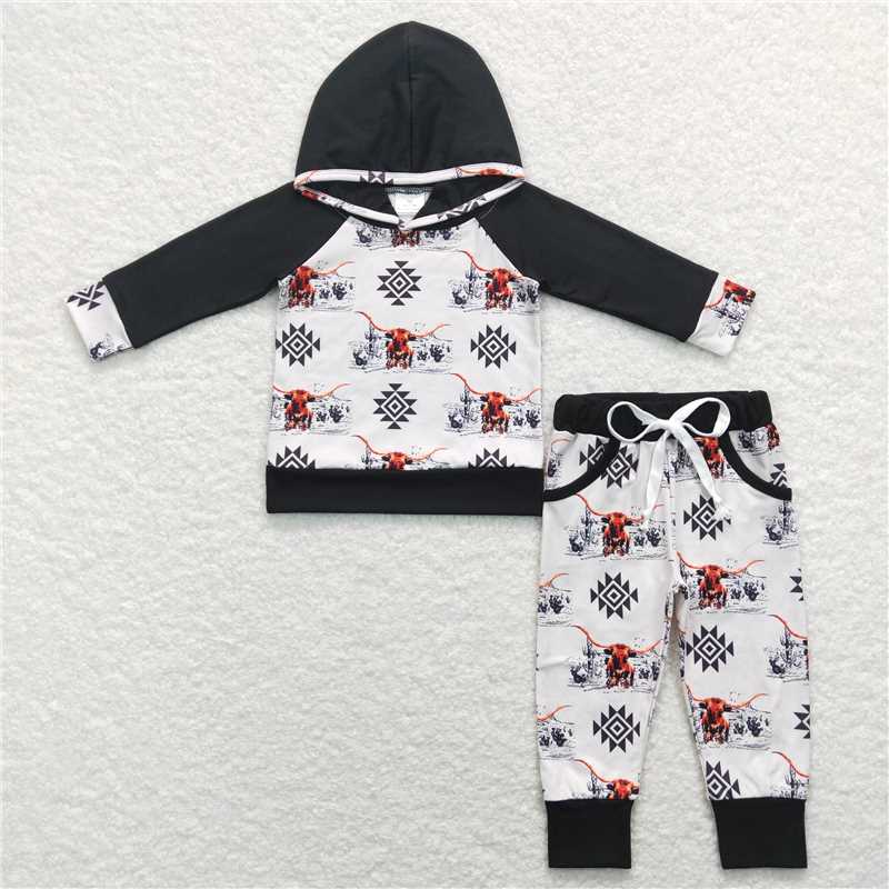 BLP0363 aztec geometric pattern alpine bull head beige black hooded long-sleeved trousers set