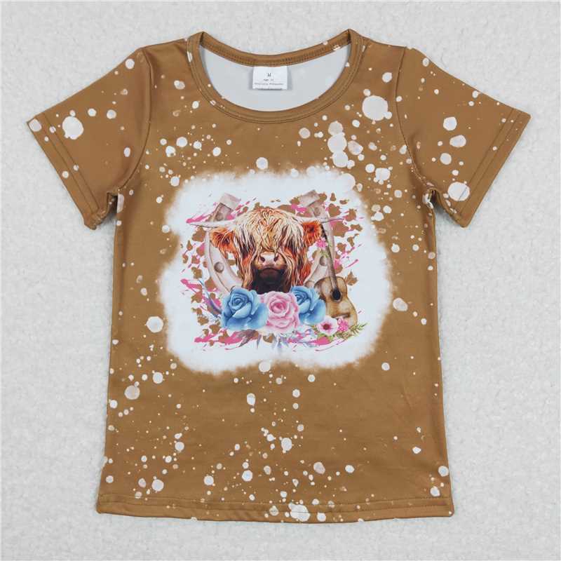 GT0333  Highland cow floral short sleeves girls western shirt