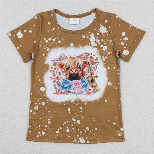 GT0333  Highland cow floral short sleeves girls western shirt