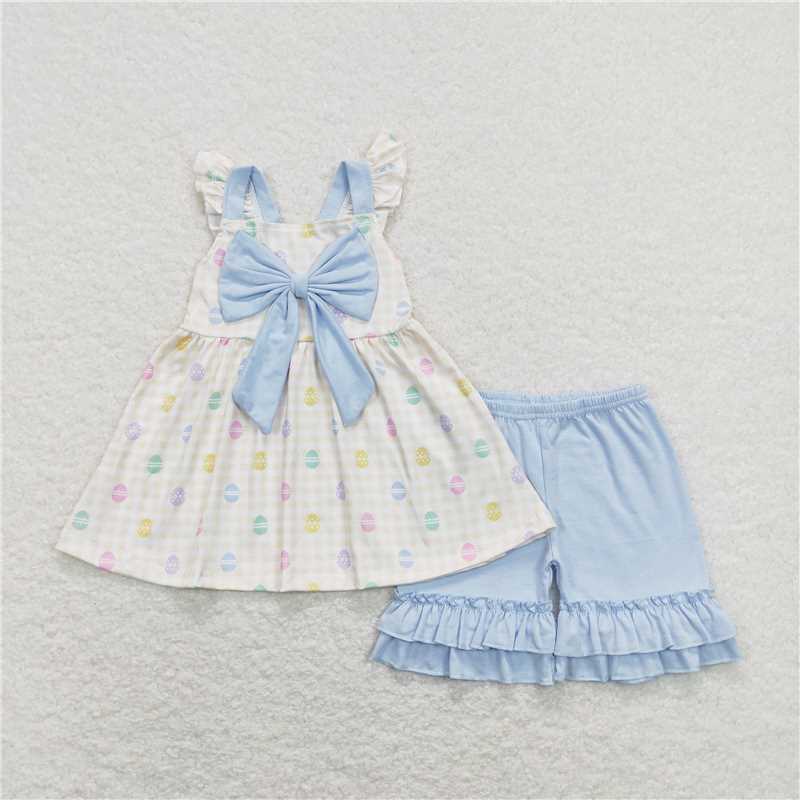 GSSO0420 Girls Easter Egg Blue Bow Yellow and White Plaid Short Sleeve Shorts Suit