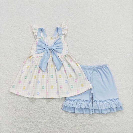 GSSO0420 Girls Easter Egg Blue Bow Yellow and White Plaid Short Sleeve Shorts Suit