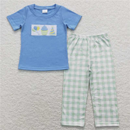 BSPO0190RTS NO MOQ Baby Boys Spring Outfits Baby Girls Boys Birthday Party Embroidery Top Pants Outfits Clothes Sets