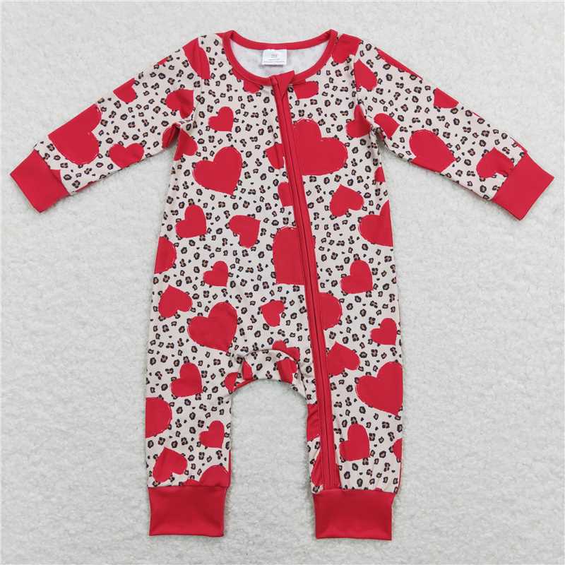 LR0775 Long sleeves heart leopard baby girls Valentine's zipper romper