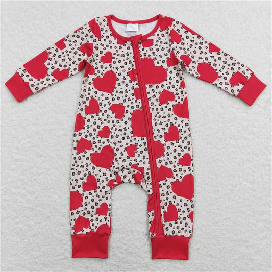 LR0775 Long sleeves heart leopard baby girls Valentine's zipper romper