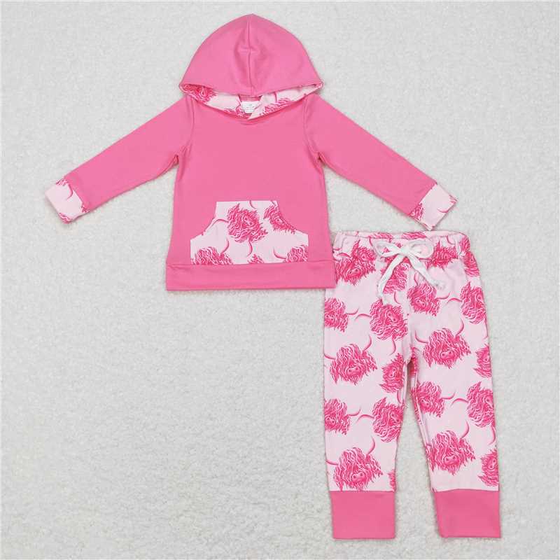 GLP0906  Baby Girls Pink Western Cows Hooded Top Pants Clothing Sets