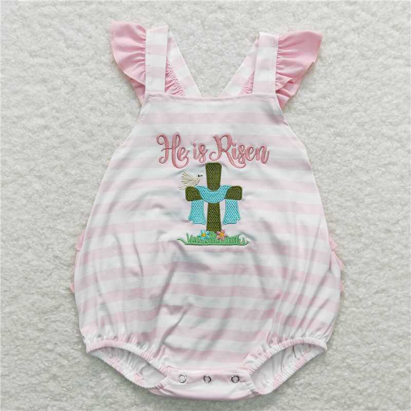 1.5 RTS NO MOQ （In stock）Matching Easter  SR0564 Baby Infant Girls Easter He Is Risen Ruffle Bubble Rompers