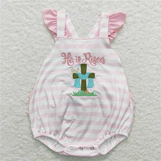 1.5 RTS NO MOQ （In stock）Matching Easter  SR0564 Baby Infant Girls Easter He Is Risen Ruffle Bubble Rompers