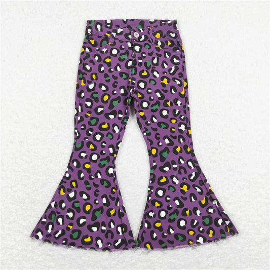 P0313 Baby Girls Mardi Gras Purple Leopard Bell Denim Pants Jeans