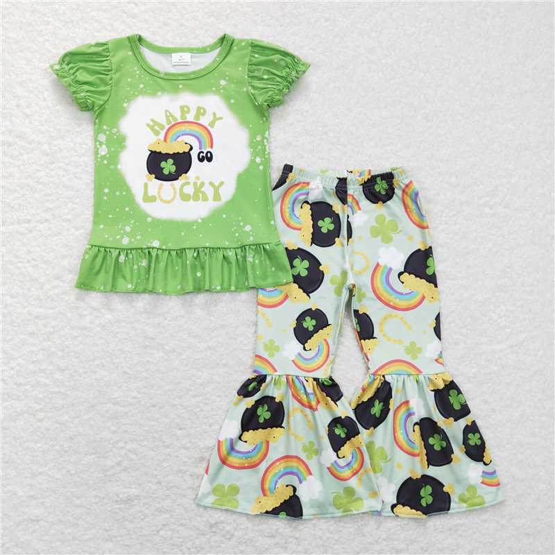 GSPO1046 Happy lucky four-leaf clover rainbow gold coin green lace short-sleeved trousers suit