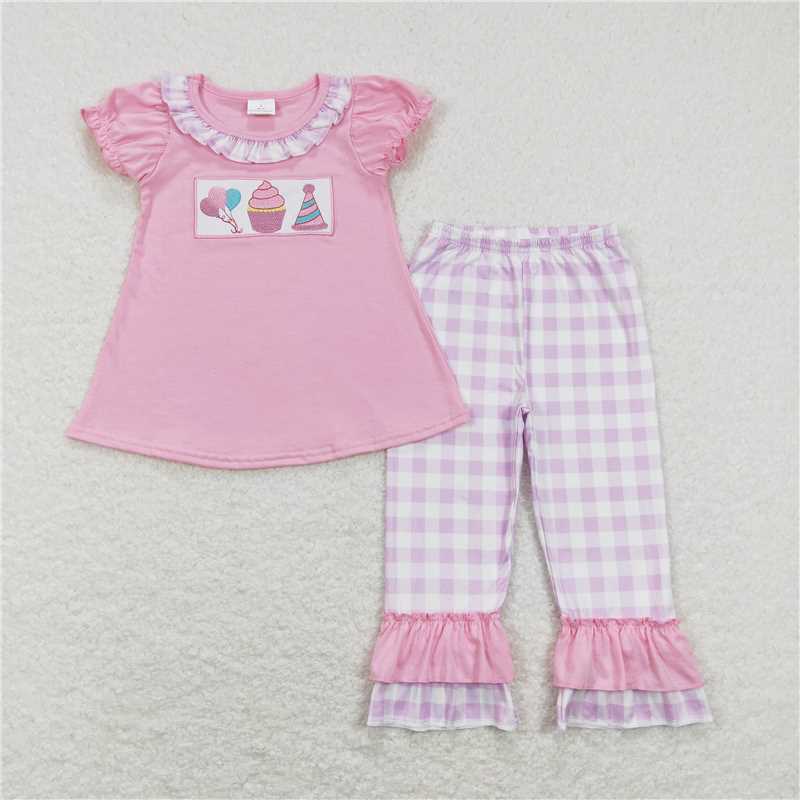GSPO0960 RTS NO MOQ Baby Girls Spring Outfits Embroidered balloon cake birthday hat pink short-sleeved purple and white plaid trousers suit