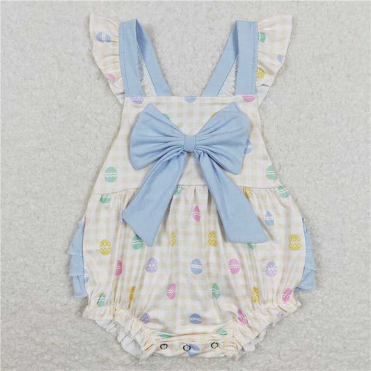 SR0656  Baby Infant Girls Easter Eggs Bow Ruffle Bubble Rompers