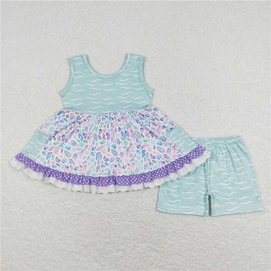 Baby Girls Summer Sea Shell Sleeveless Tunic Tops Shorts Outfits Clothes Sets