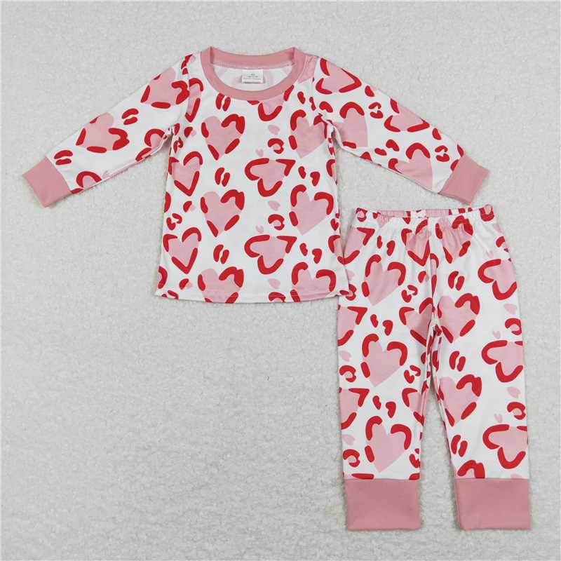 GLP1095 Pink heart long sleeves kids girls valentines pajamas