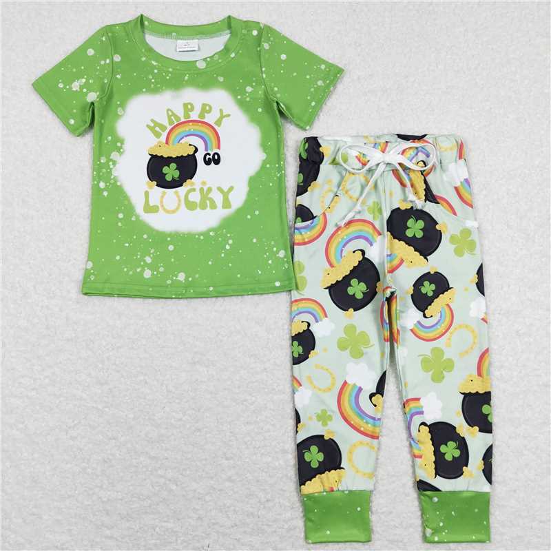12.23 RTS NO MOQ （In stock）BSPO0219 Baby Boys Happy Lucky Shirts Tops St Patrick Day Pants Clothes Sets