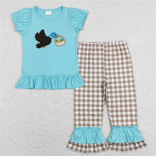 GSPO1022 Embroidered Easter egg basket wild goose blue lace short-sleeved khaki plaid trousers suit