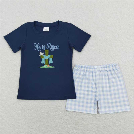 BSSO0319 RTS NO MOQ Baby Boys Summer Boys Outfits Baby Boys embroidery Easter He Is Risen Shirt Tee Black Shorts Clothes Sets