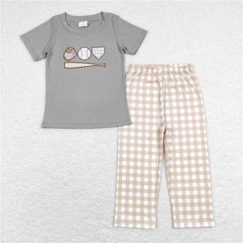 BSPO0244 Baby Boys Grey Baseball Shirt Top Checkered Pants Clothing Sets