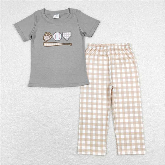 BSPO0244 Baby Boys Grey Baseball Shirt Top Checkered Pants Clothing Sets