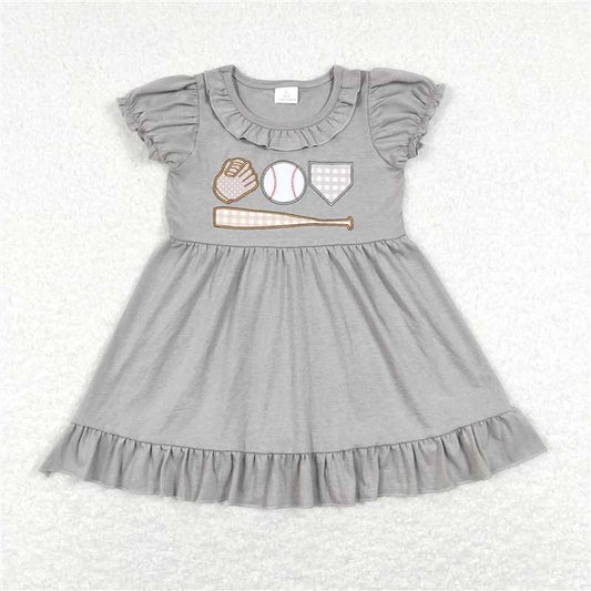 GSD0574  Grey short sleeves baseball embroidery girls dresses