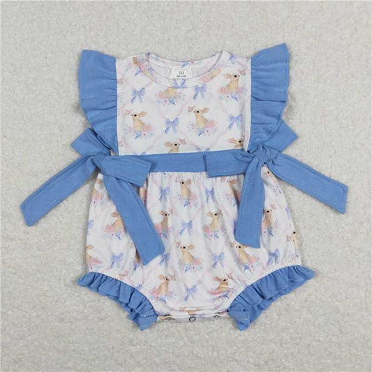 SR0638  Baby Infant Girls Blue Rabbits Bows Flutter Sleeve Rompers