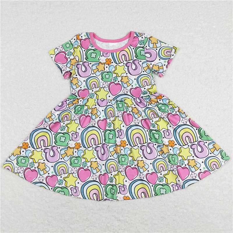 GSD0537  Short sleeves rainbow clover girls st patrick's day dress