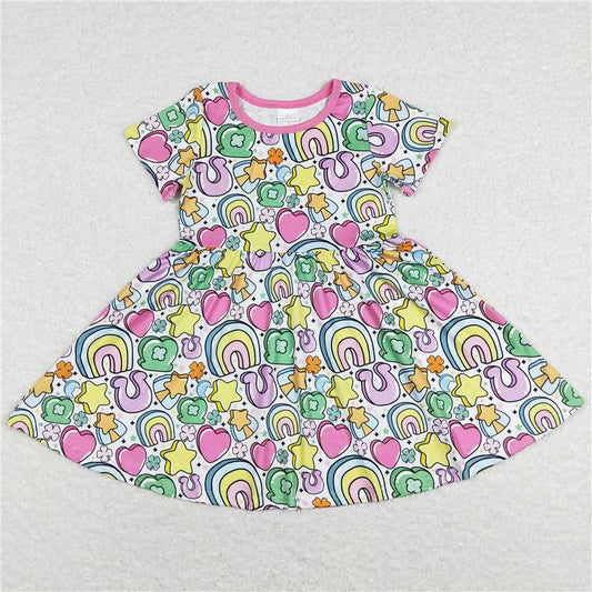 12.20 RTS NO MOQ （In stock）GSD0537 Baby Girls Short Sleeve St Patrick Day Rainbow Knee Length Dresses