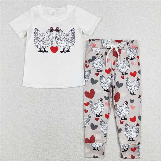 BSPO0221 Baby Boys Valentines Chicken Top Shirt Pants Clothing Sets