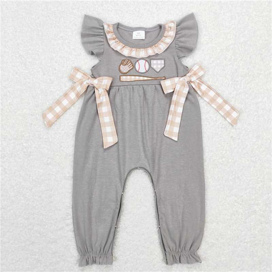 SR0613  Baby Infant Girls Grey Baseball Short Sleeve Bows Rompers