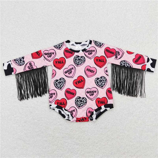 LR0815 Pink plaid heart tassels long sleeves girls Valentine's romper