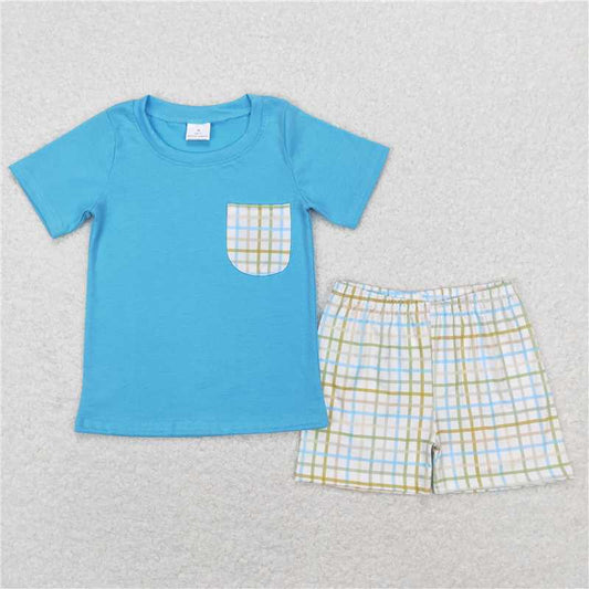BSSO0372 Baby Boys Easter Green Checkered Pocket Tee Shorts Clothes Sets
