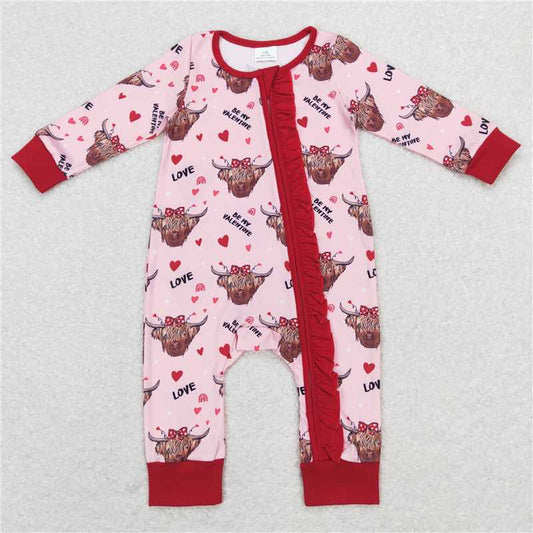 LR0804 Be my valentine highland cow heart baby girls romper