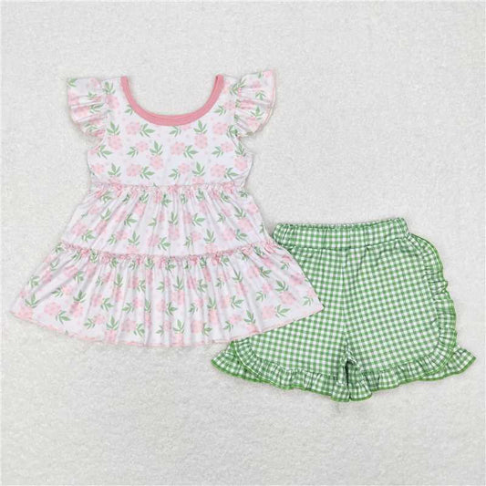 Baby Girls Toddler Green Pink Flowers Tunic Top Summer Shorts Clothes Sets