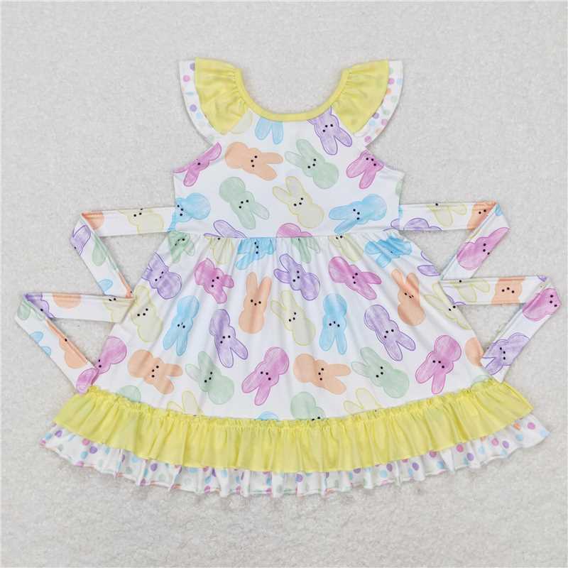 GSD0610  Baby Girls Easter Colorful Rabbit Ruffle Knee Length Dresses