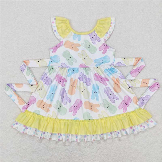 GSD0610  Baby Girls Easter Colorful Rabbit Ruffle Knee Length Dresses