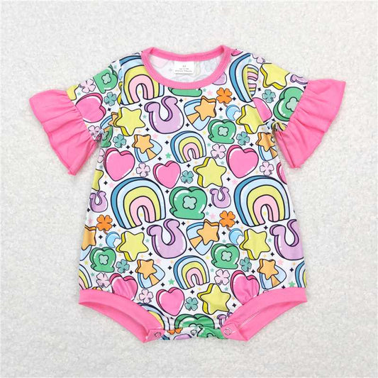 12.22 RTS NO MOQ （In stock）SR0552 Baby Girls Pink St Patrick Day Rainbow Short Sleeve Rompers