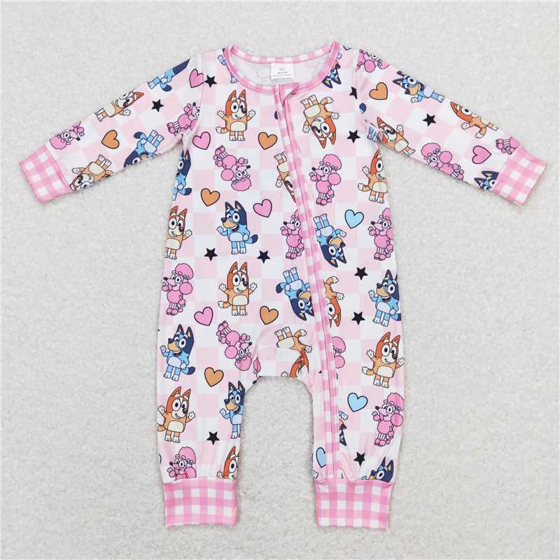 LR0870 RTS NO MOQ Baby Girls Winter Rompers Pink heart plaid dogs baby girls valentines zipper romper
