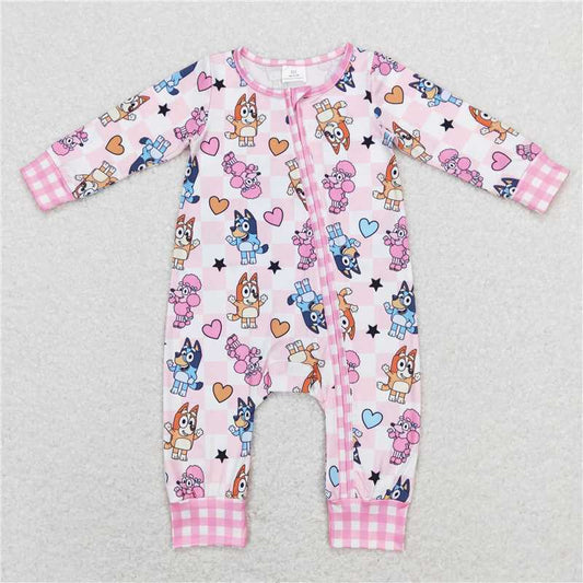 LR0870 RTS NO MOQ Baby Girls Winter Rompers Pink heart plaid dogs baby girls valentines zipper romper