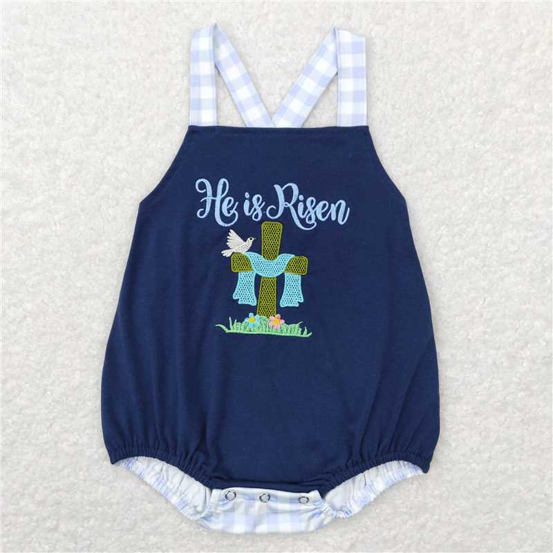 1.5 RTS NO MOQ （In stock）Matching Easter SR0565 Baby Infant Boys Easter He Is Risen Bubble Rompers