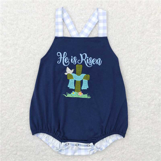 1.5 RTS NO MOQ （In stock）Matching Easter SR0565 Baby Infant Boys Easter He Is Risen Bubble Rompers