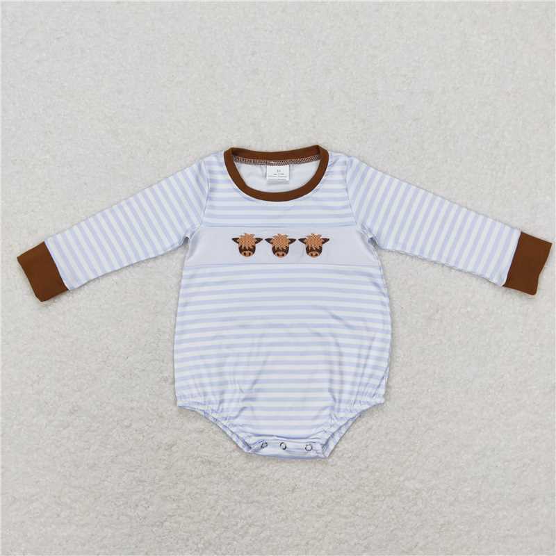 RTS LR0724 Embroidered bull head blue and white striped legless long-sleeved jumpsuit