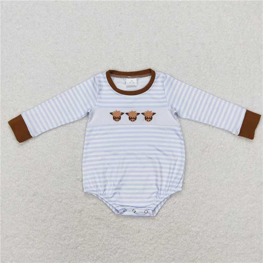 RTS LR0724 Embroidered bull head blue and white striped legless long-sleeved jumpsuit