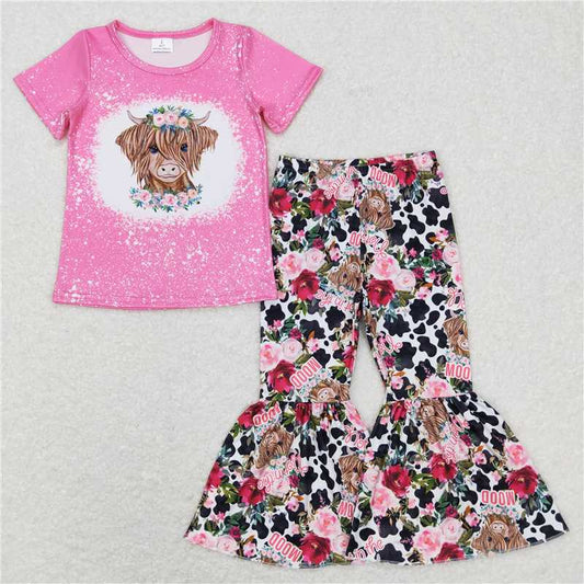 GSPO1024 moo cow head flower cow pattern pink short sleeve white trousers suit