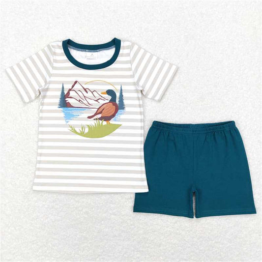 BSSO0307 Baby Boys Khaki Stripes Duck Hunting Tee Shirts Tops Shorts Clothing Sets