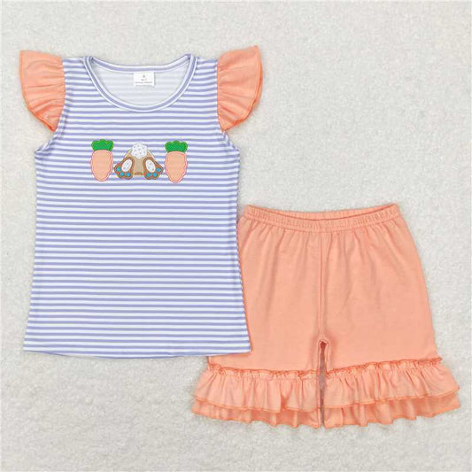 GSSO0373 Embroidery Carrot Rabbit striped orange lace shorts suit