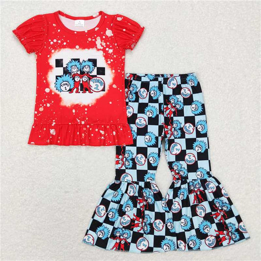 GSPO1084 Dr Seuss red lace short-sleeved black plaid trousers suit