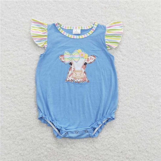 SR0825  Baby Infant Girls Cows Bows Flutter Sleeve Rompers