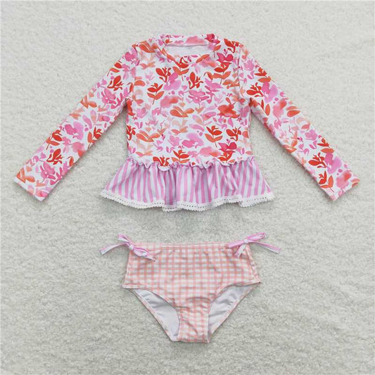 S0166  Baby Girls Orarnge Flowers Long Sleeve Top Bummies 2pcs Swimsuits