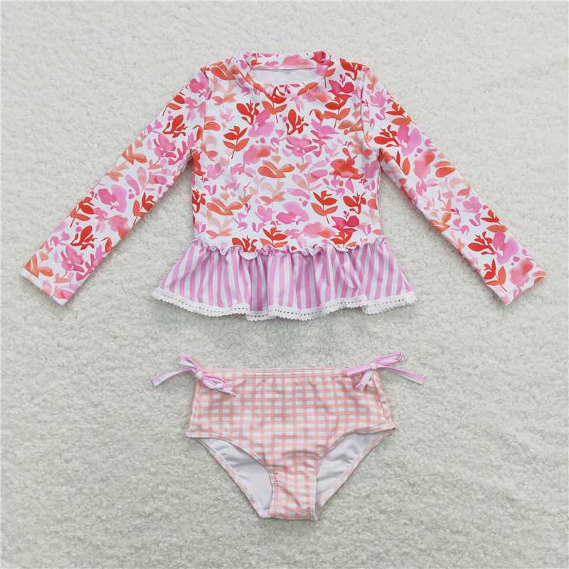Baby Girls Long Sleeve Plaid Stripe Summer Swimsuit Cute And Fashionable Waterwear for Little Ones